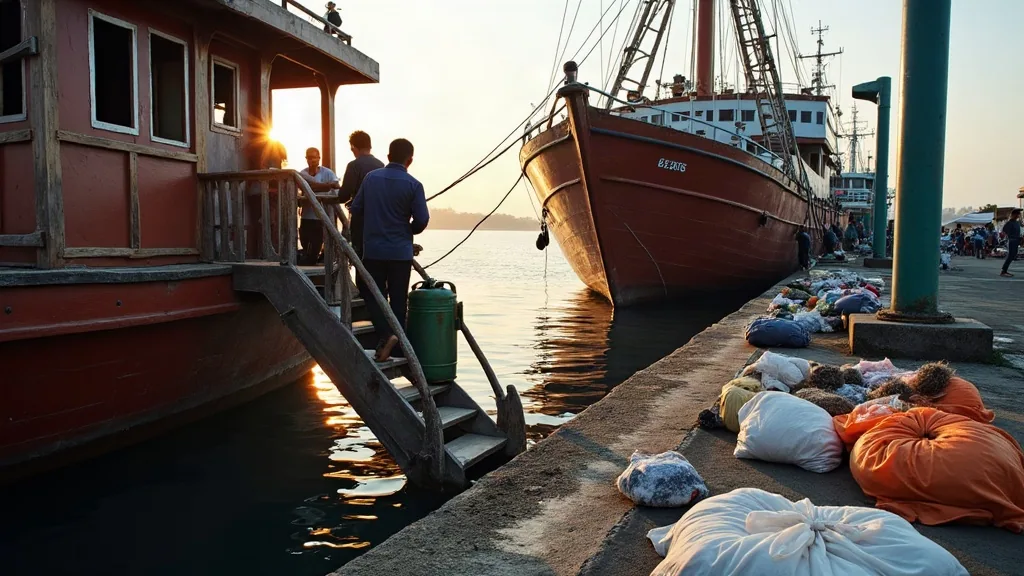 Liveaboard phinisi alongside a working quay in Sorong during a between-trips turnaround